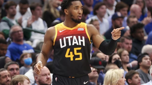 Utah Jazz guard Donovan Mitchell (45) reacts against the Dallas Mavericks during the second quarter in game two of the first round of the 2022 NBA playoffs at American Airlines Center.
